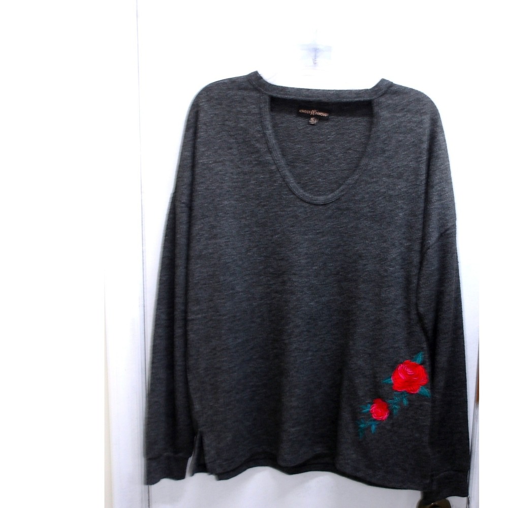 Almost Famous Charcoal Grey Embroidered Rose Long Sleeve Sweater Top XL/ #26854